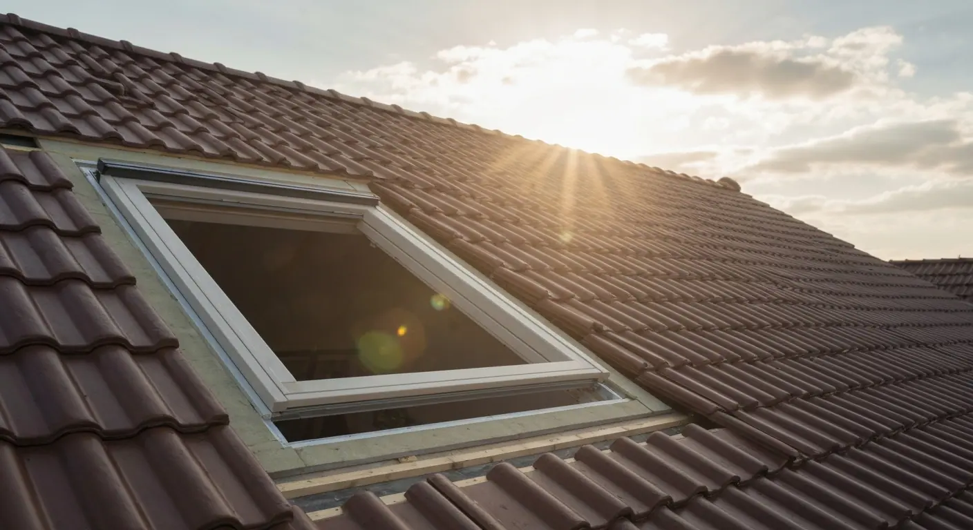 Fenêtre de toit Velux installée avec alignement des tuiles et finitions propres.