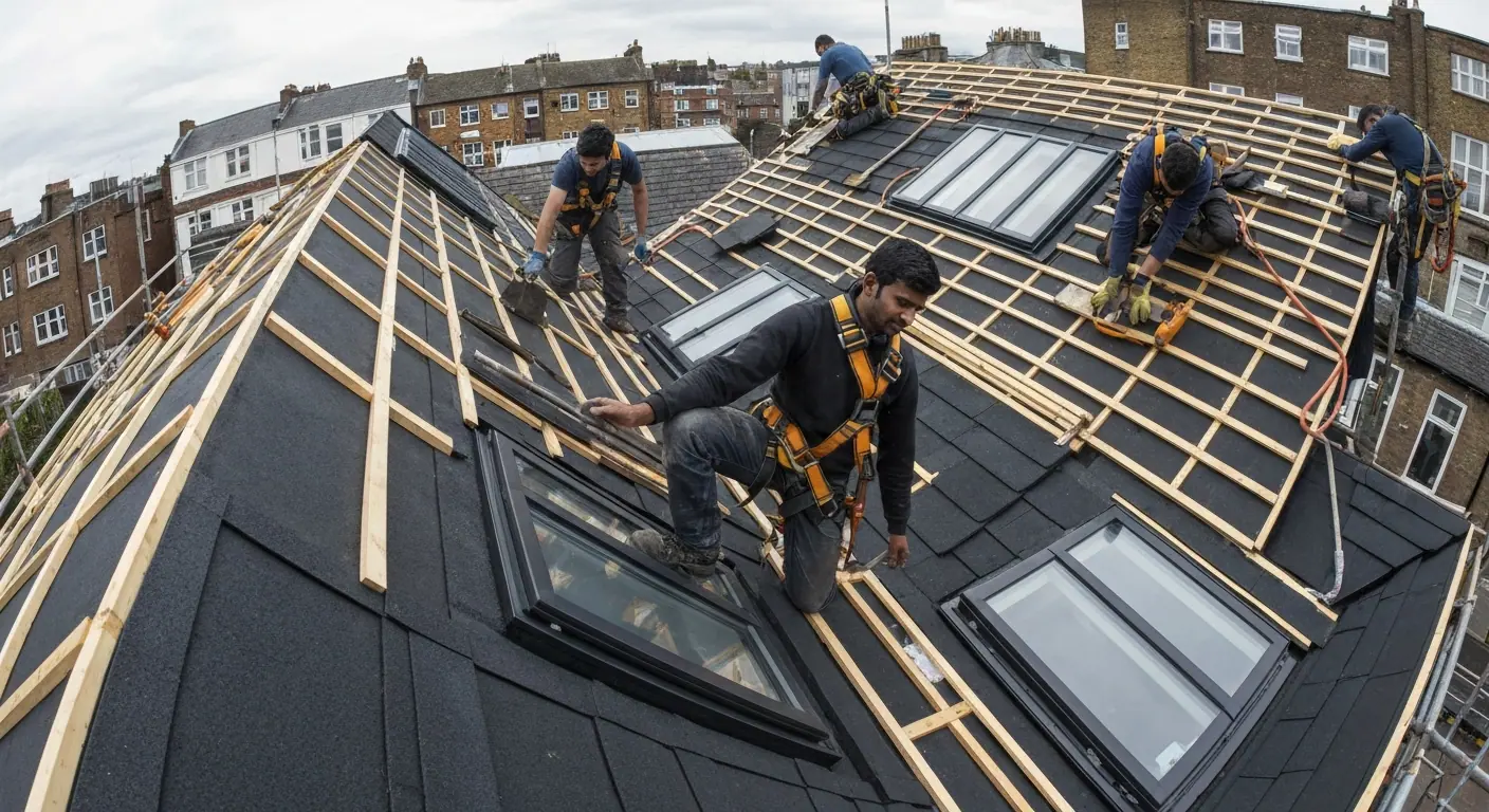 Équipe de couvreurs réalisant la pose d’une fenêtre de toit Velux avec contrôle des alignements.