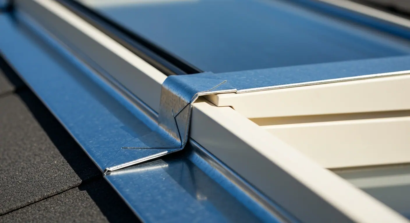 Détail des raccords métalliques et rubans d’étanchéité autour d’une fenêtre de toit.