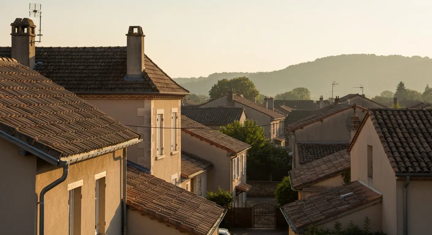 Vue d’un quartier résidentiel en Gironde, mettant en valeur les toitures et les façades.