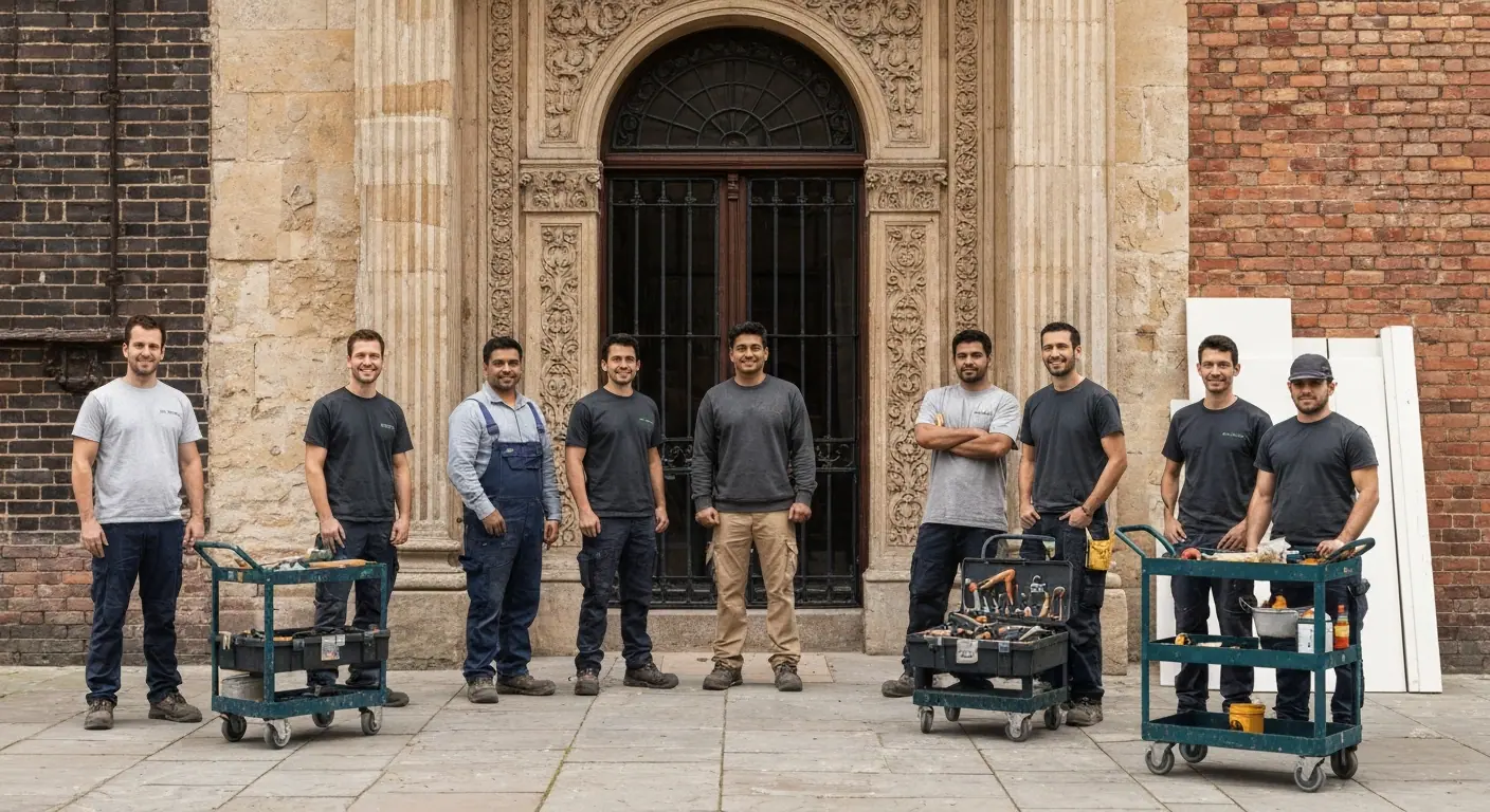 Équipe artisanale devant une façade rénovée