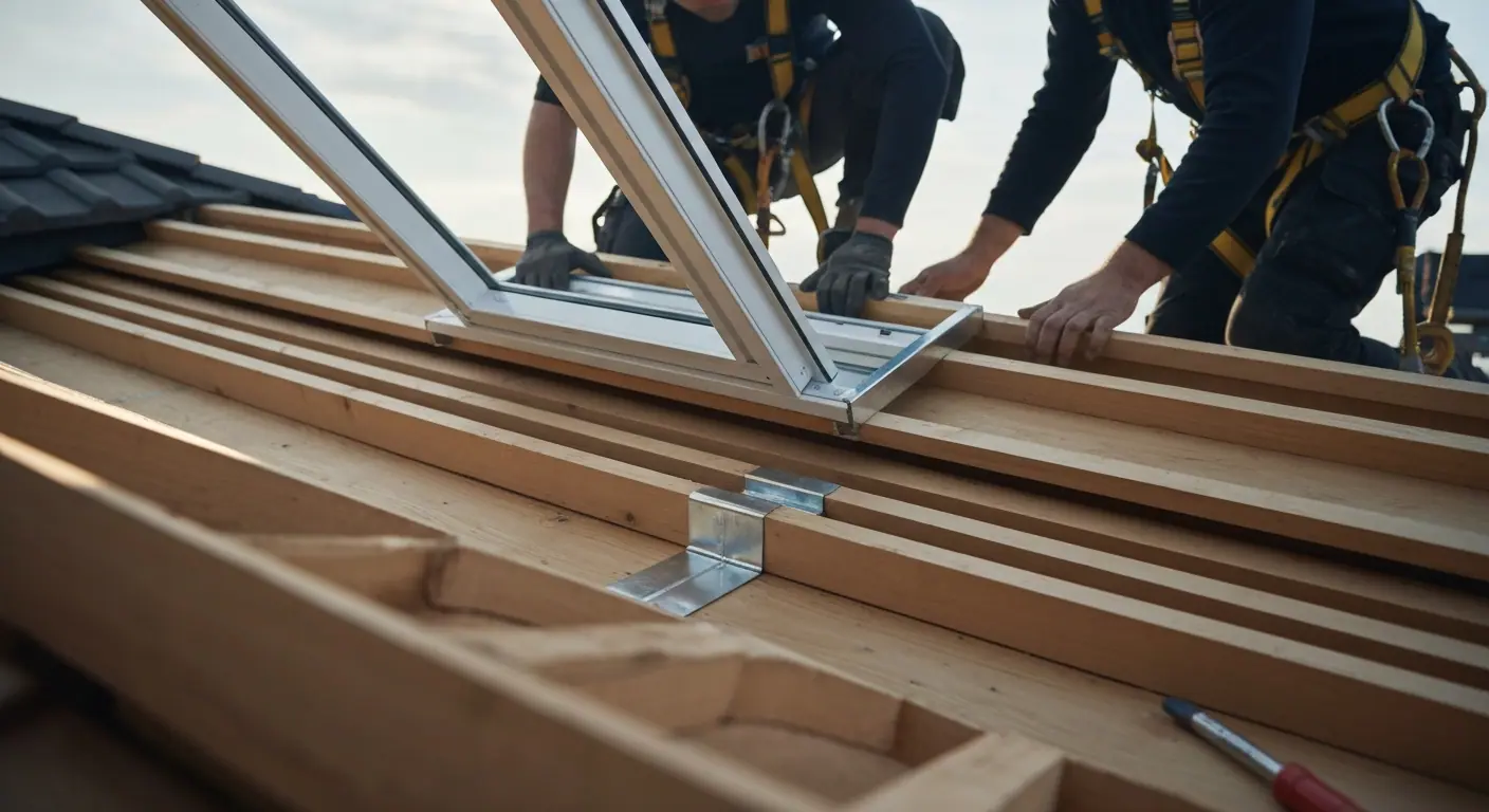 Installation d’un Vélux sur une toiture avec éléments de sécurité et finitions métalliques