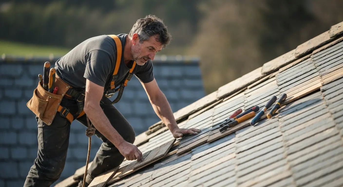 Artisan en intervention sur une toiture en cours de travaux